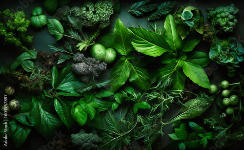 a close up image of green leaves and herbs in a background