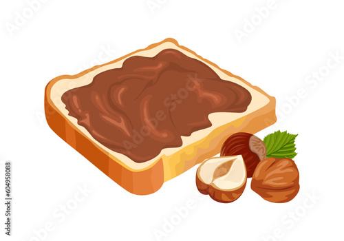 Slice of bread spread with chocolate cream and hazelnuts isolated on white background. Vector cartoon illustration of sweet food.