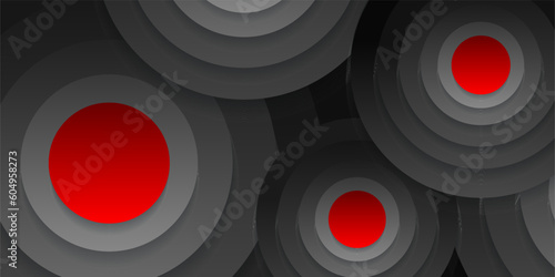 Concentric circles with shadows. Abstract dark background. Red in the center. Black circulars. Cut out paper. Vector graphic design