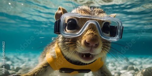 Chipmunk snorkeling in clear water of tropical sea or ocean surrounded by colorful fishes. AI generative 