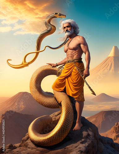  A hyper-realistic, middle-aged Arab man with an ancient serpent - Generative AI © Suyeb