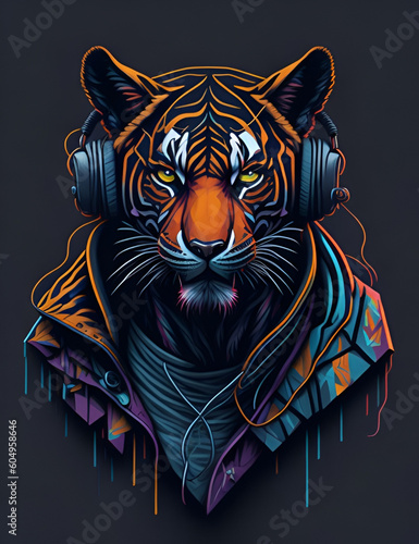 a tiger wearing headphones and a jacket  digital art  generative ai