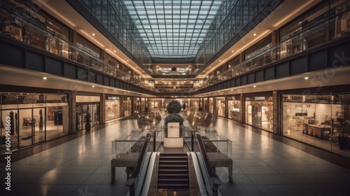 Wallpaper Mural Photo of a bustling indoor shopping center during evening, lit up by warm internal lighting. Created by AI. Torontodigital.ca