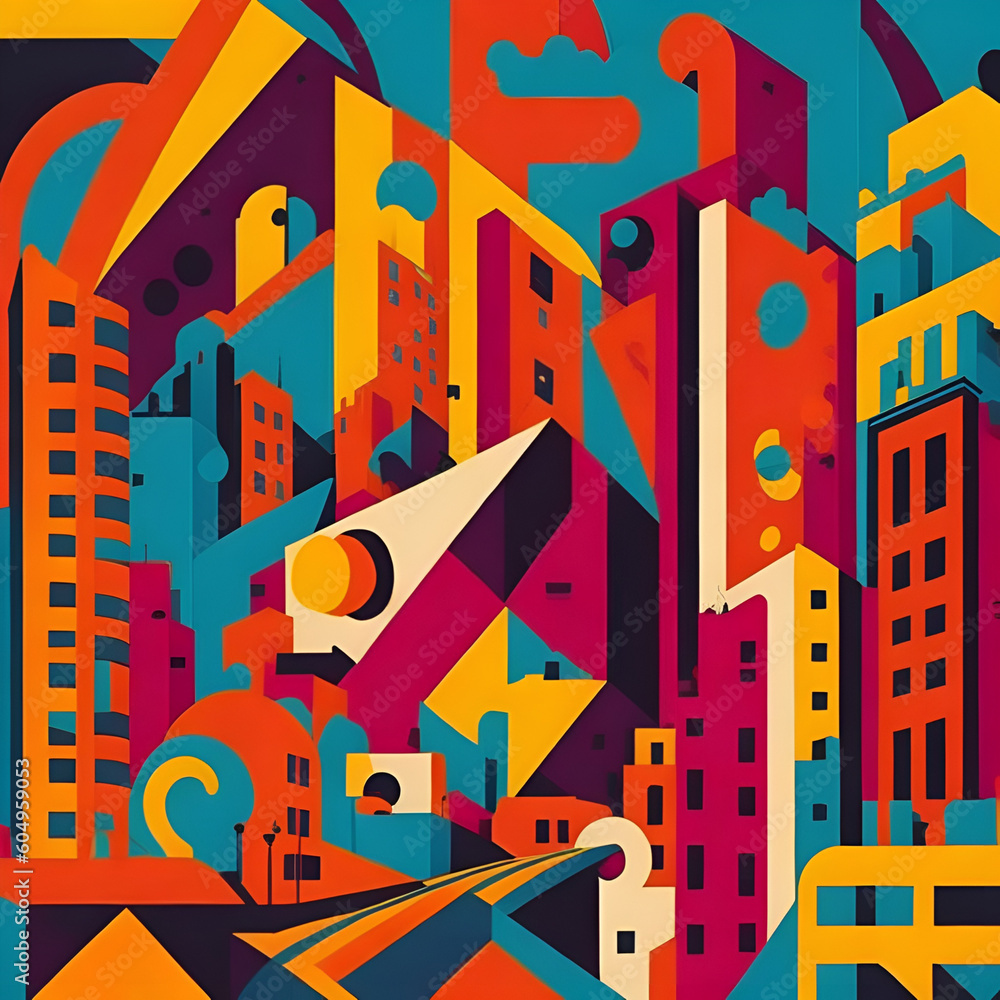A pop art painting of vibrant cityscape, generative ai