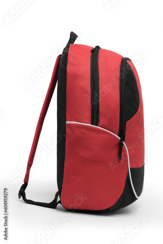 School red and black color backpack isolated on white background. top view.