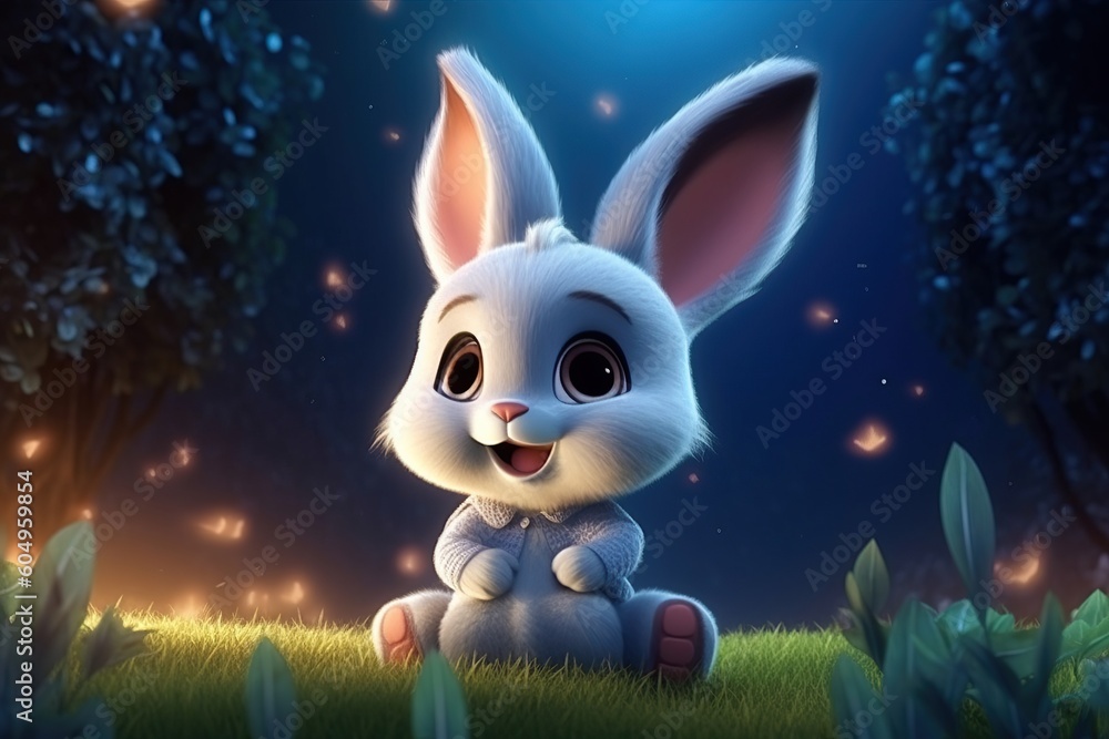 a cute adorable baby rabbit in nature by night with light rendered in ...