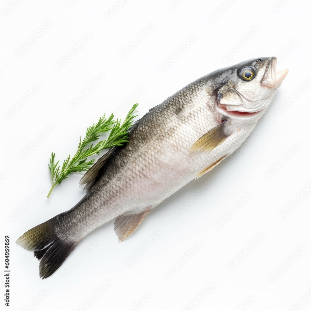 Sea Bass fish isolated on white. Generative AI Sea Bass fish isolated on white. Generative AI