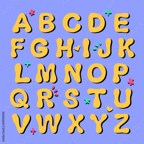 Yellow cartoon doodle english alphabet. Hand draw font in retro style.