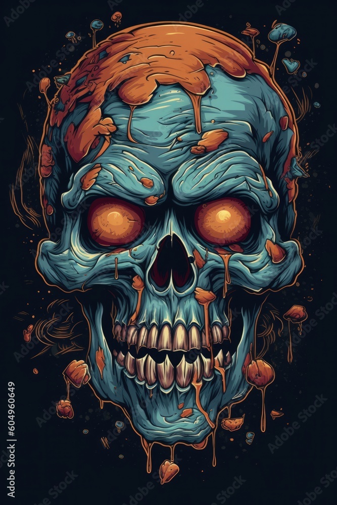 Fotografie Cartoon Human skull Tshirt design. Generative AI