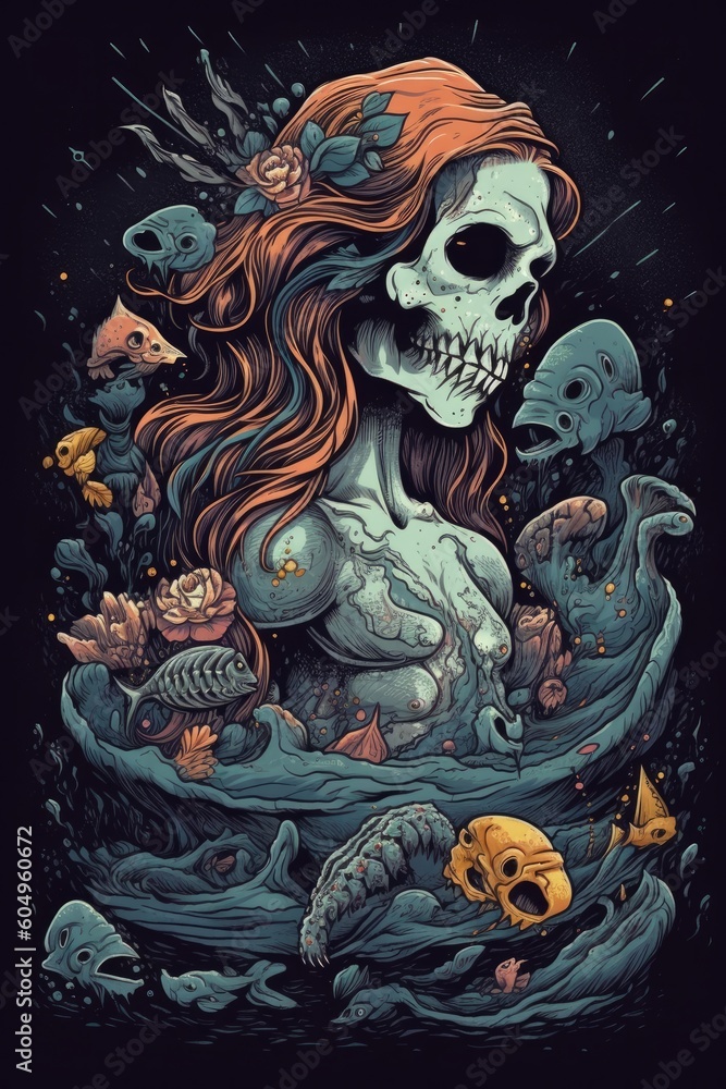 Cartoon Mermaid skull Tshirt design. Generative AI Cartoon Mermaid skull Tshirt design. Generative AI