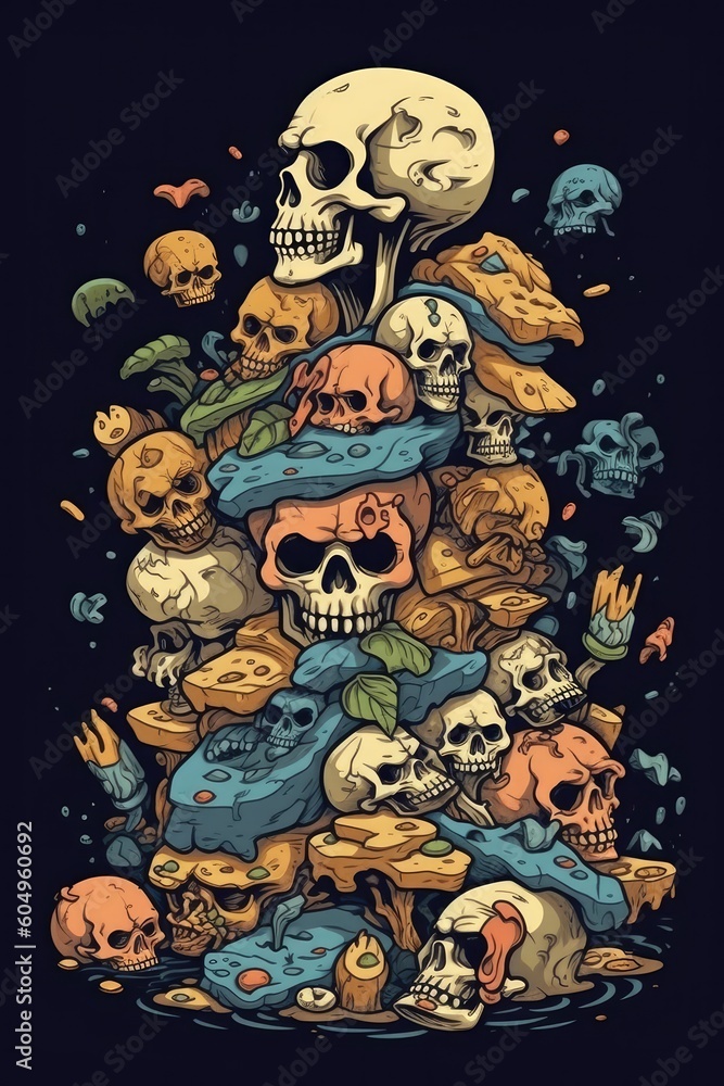 Cartoon Pile of bones skull Tshirt design. Generative AI Cartoon Pile of bones skull Tshirt design. Generative AI