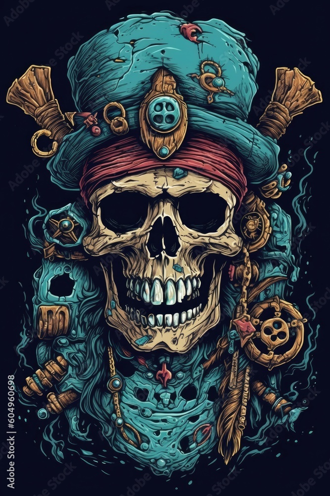 Cartoon Pirate skull Tshirt design. Generative AI