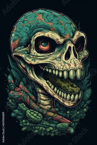 Cartoon Reptile skull Tshirt design. Generative AI