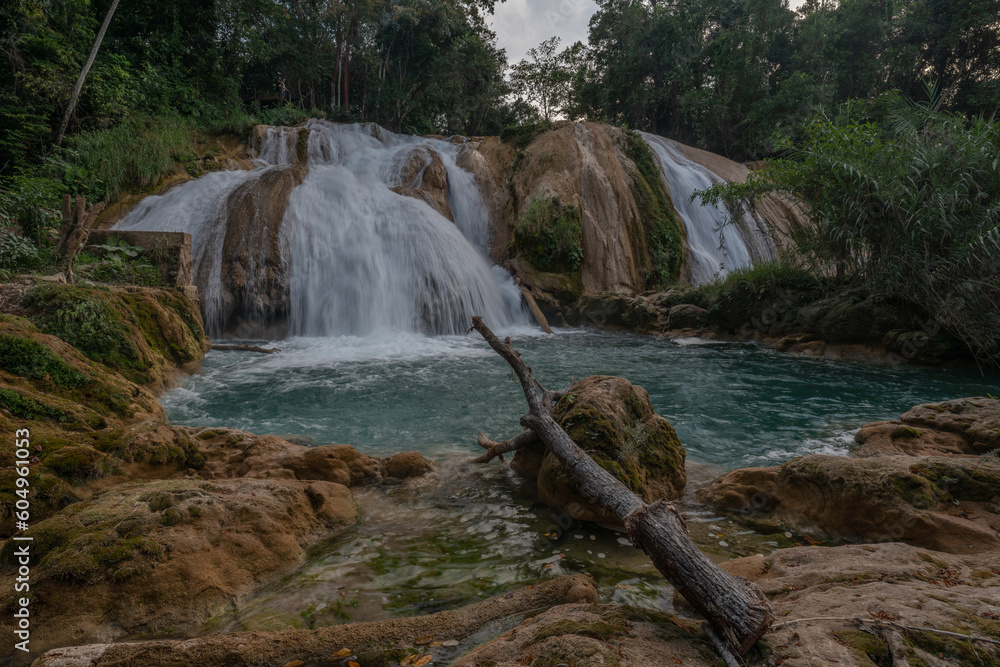 Obraz premium The Agua Azul waterfalls, a series of cascades of varying heights and widths, get their name from the colour of the water, which has a bright blue hue when accumulated,Mexico.