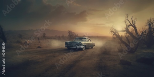 An antique car defies its age, gracefully drifting through a muddy terrain. The wheels spin, flinging earthy particles in a captivating dance of power and resilience. Generative Ai © Kishore Newton