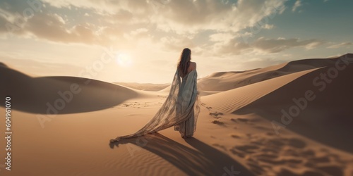 A mesmerizing sight emerges as a woman dons a breathtaking dress amidst the vast desert landscape. The flowing fabric and vibrant colors harmonize with the arid surroundings  Generative AI