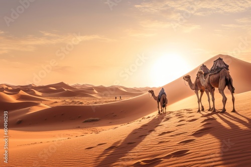 A stunning desert landscape image featuring the golden dunes of the nearby Sahara Desert, with a camel caravan in the distance, evoking the sense of adventure and exploration. Generative Ai © bluebeat76