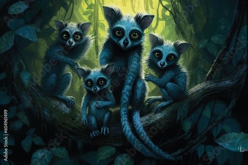 In the depths of an enchanted rainforest, discover a secretive clan of nocturnal lemur - like creatures called Moonshadows, illustration generative ai photo