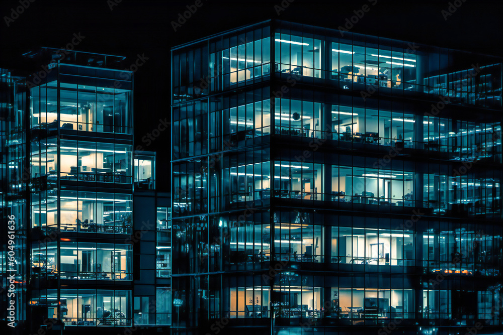 an image of some glass office buildings at night an image of some glass office buildings at night