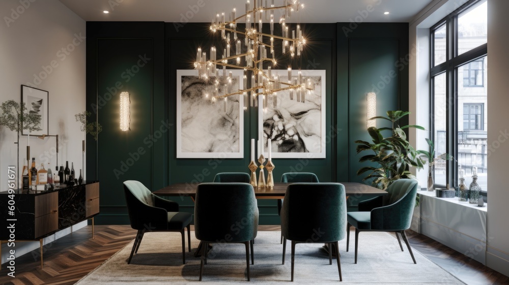 Interior design of Dining Room in Contemporary style with Statement Chandelier decorated with Velvet Chairs, Textured Rug material. Contemporary architecture. Generative AI AIG24. - obrazy, fototapety, plakaty 