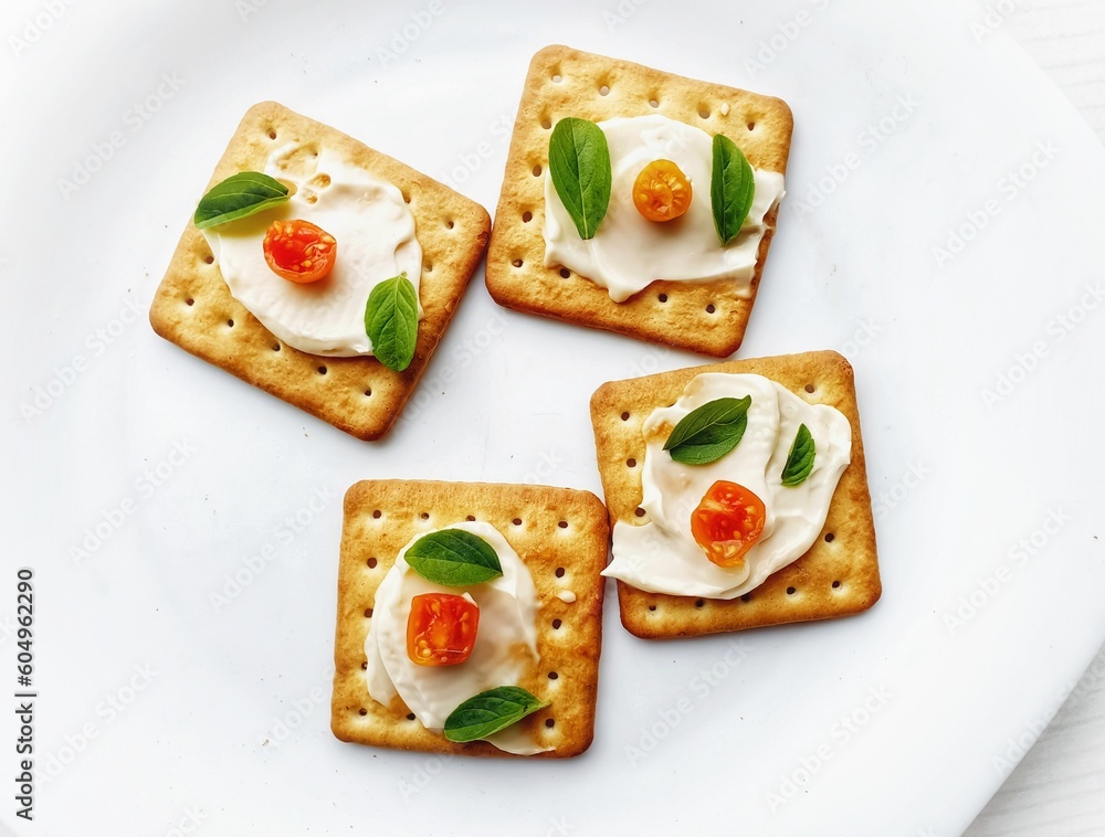 cream cracker snack with mayonnaise and tomatoes on white background cream cracker snack with mayonnaise and tomatoes on white background