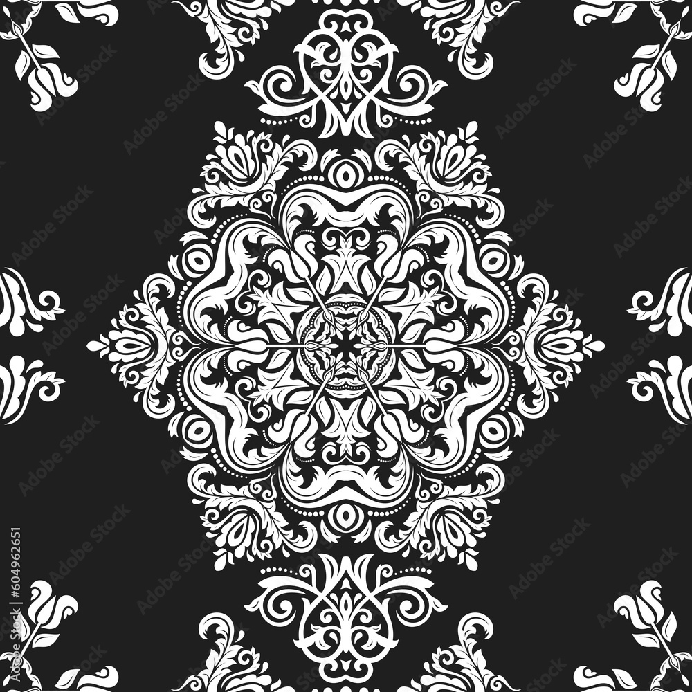 Orient classic pattern. Seamless abstract background with vintage white elements. Orient dark background. Ornament for wallpaper and packaging
