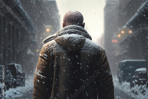 Back view man in a winter snowstorm in a snowy cityscape. Generative AI