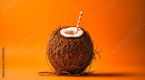 a coconut drink with two straws on it photo