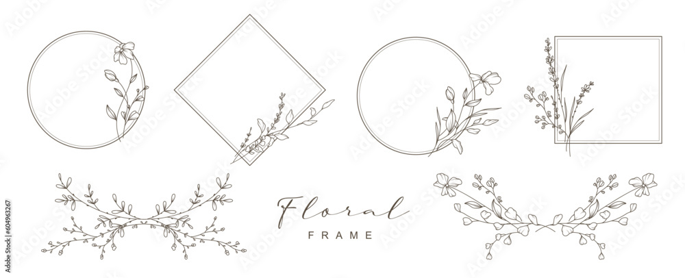 Hand drawn vintage floral frames with flowers and leaves. Trendy greenery elements in line art style. Vector for label, logo, corporate identity, wedding invitation, card