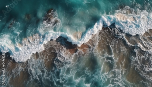 Beautiful seascape at sunset. Aerial view of the ocean waves breaking on the beach.Tropical beach with palm leaves.