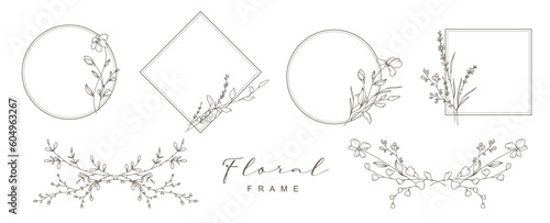 Hand drawn vintage floral frames with flowers and leaves. Trendy greenery elements in line art style. Vector for label, logo, corporate identity, wedding invitation, card
