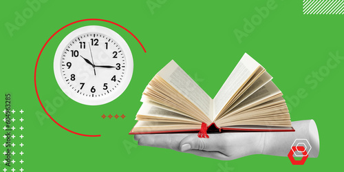 Speed-reading and effective learning in a limited amount of time. Value of reading and efficient use of time. A Hand holds an open book, next to a clock. Minimalist art collage photo