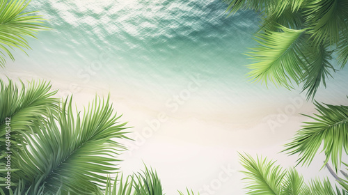 Beautiful seascape at sunset. Aerial view of the ocean waves breaking on the beach.Tropical beach with palm leaves. © eun kim