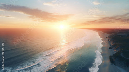 Beautiful seascape at sunset. Aerial view of the ocean waves breaking on the beach.Tropical beach with palm leaves.