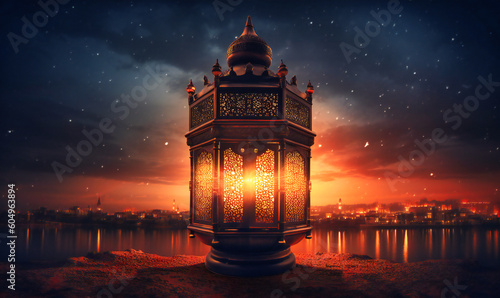 an islamic lantern with islamic designs in a city light,