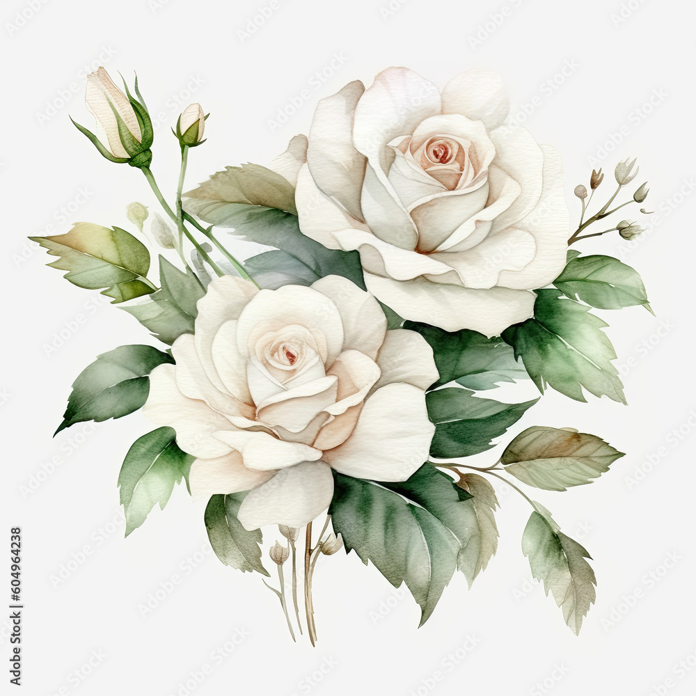 Elegant Roses Wedding Floral Bouquet - Watercolor Clipart with White ...