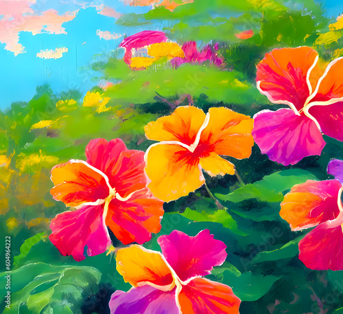 Painting of colorful tropical hibiscus flowers. Generative Ai