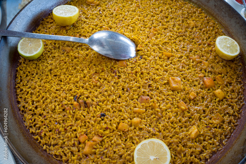 Traditional seafood paella of señoret with squids shrimps Spain