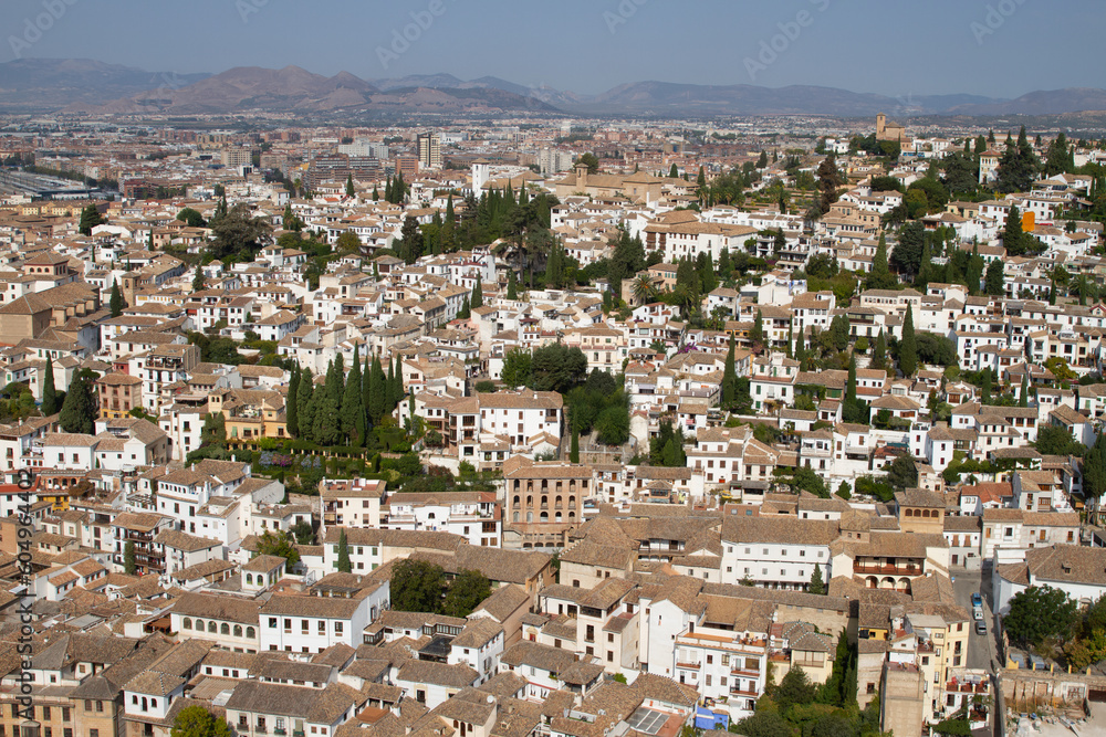 Architectural details of the Alhambra fortified palace complex and Granada city