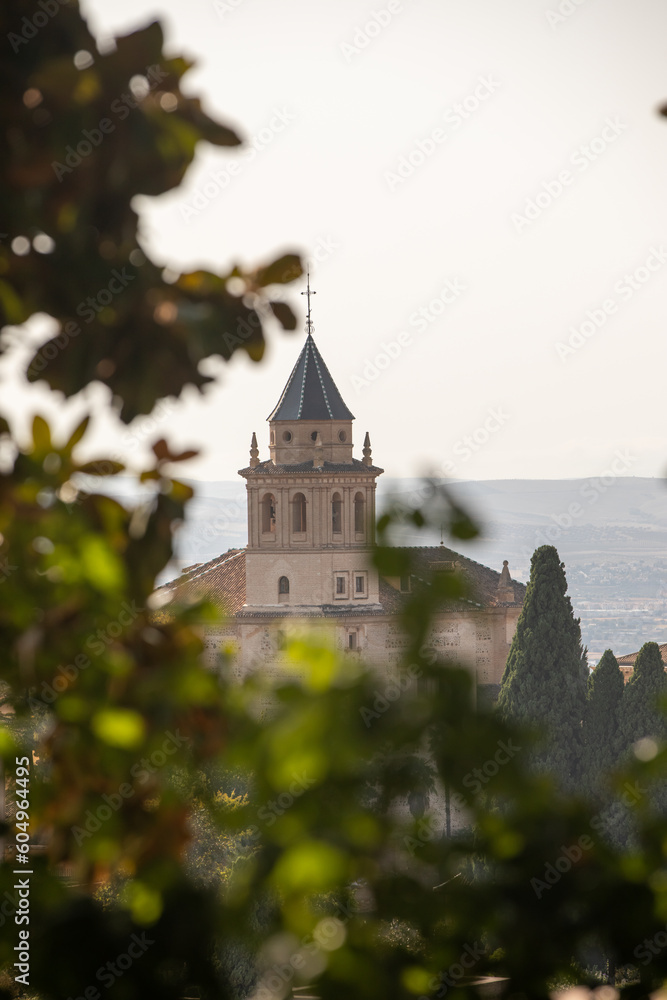 Architectural details of the Alhambra fortified palace complex and Granada city