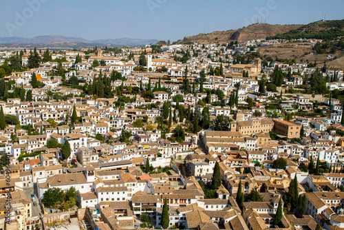 Architectural details of the Alhambra fortified palace complex and Granada city