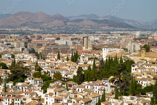 Architectural details of the Alhambra fortified palace complex and Granada city