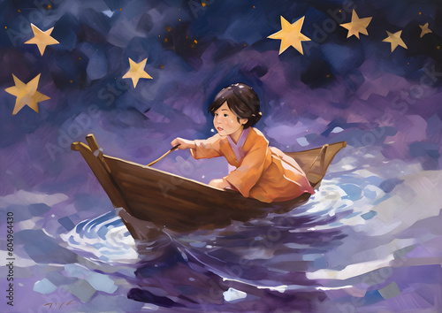 child in a faity tale paper boat photo