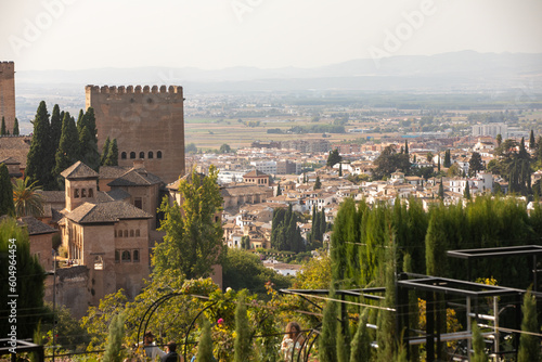 Architectural details of the Alhambra fortified palace complex and Granada city