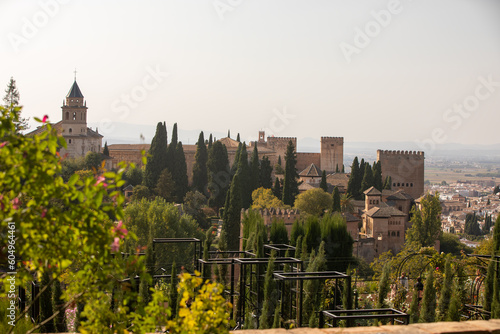 Architectural details of the Alhambra fortified palace complex and Granada city