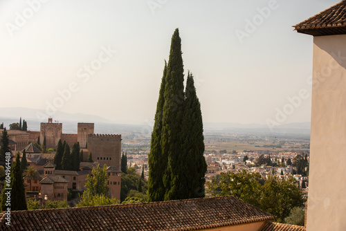 Architectural details of the Alhambra fortified palace complex and Granada city