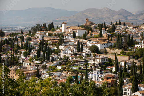 Architectural details of the Alhambra fortified palace complex and Granada city
