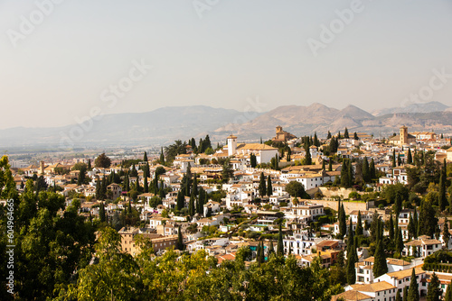 Architectural details of the Alhambra fortified palace complex and Granada city