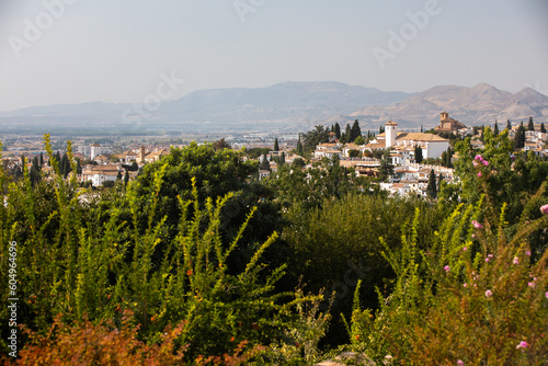 Architectural details of the Alhambra fortified palace complex and Granada city