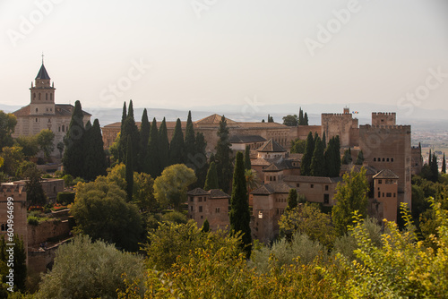 Architectural details of the Alhambra fortified palace complex and Granada city
